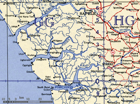 Carte de la c�te du Nigeria dans la r�gion de Sapele.
