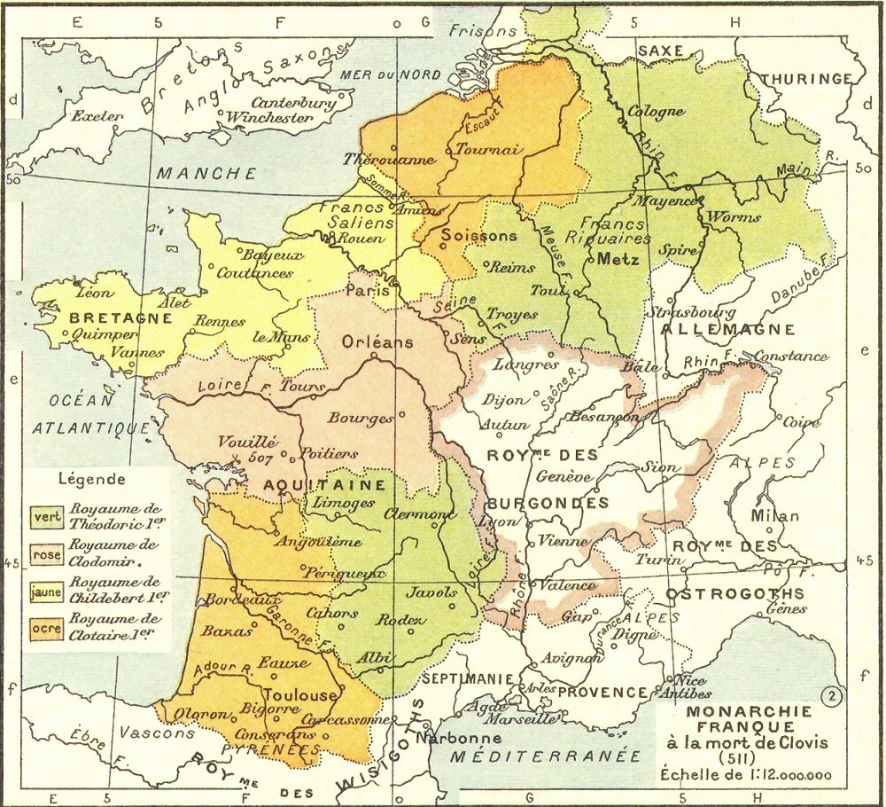 Carte de la monarchie franque � la mort de Clovis.