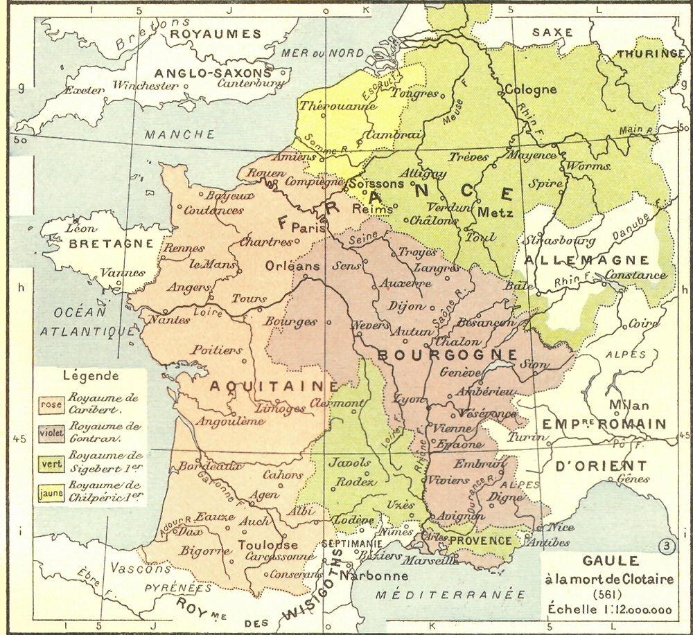 Carte de la Gaule � la mort de Clotaire.