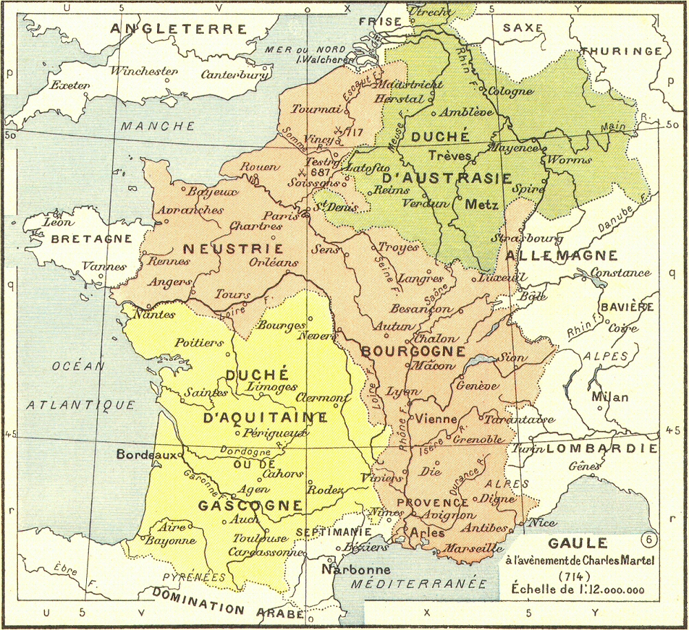 Carte de la Gaule � l'av�nement de Charles Martel.