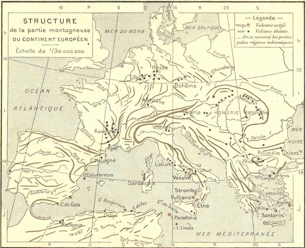 Carte de la structure montagneuse de l'Europe.
