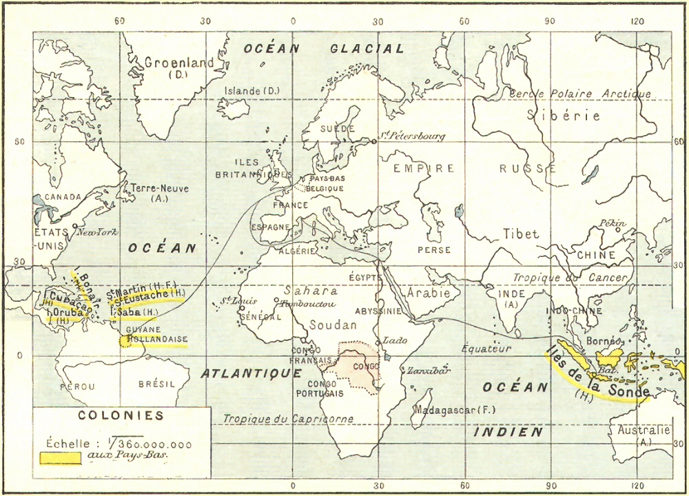 Carte des colonies de la Belgique et des Pays-Bas.