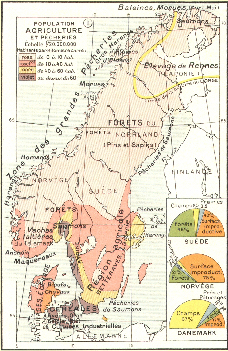 Carte de la Scandinavie : population, agriculture et p�cheries.