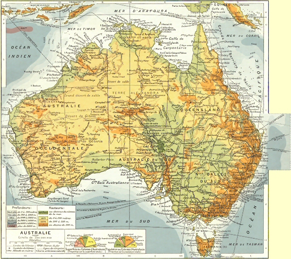 Carte physique de l'Australie.