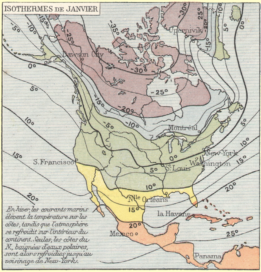 Am�rique du Nord : Isothermes de janvier.