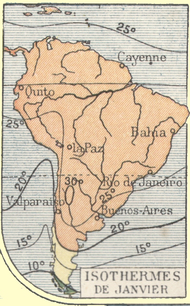 Am�rique du Sud : Isothermes de janvier.