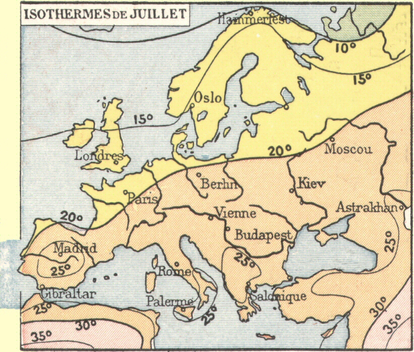 Europe : Isothermes de juillet.