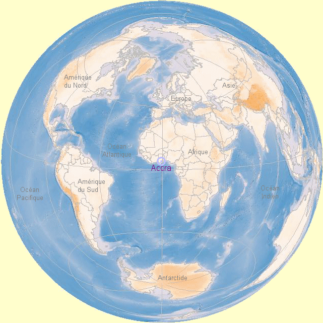 Carte du Monde centr�e sur Accra.