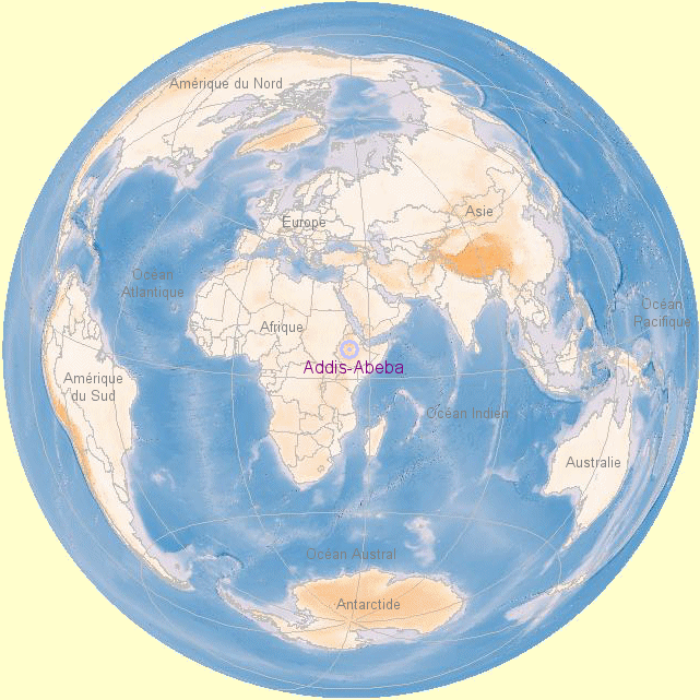Carte du monde centr�e sur Addis-Abeba.