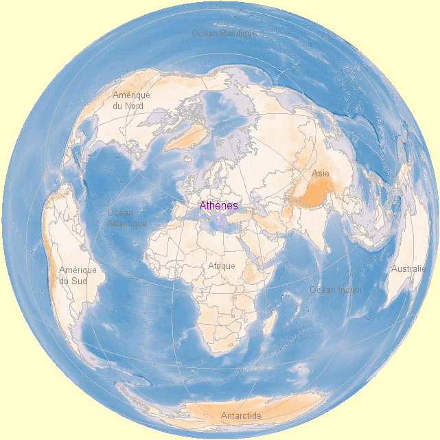 Carte du monde centr�e sur Ath�nes.