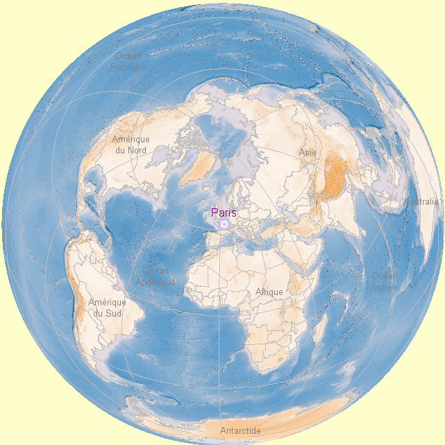 Carte du Monde centr�e sur Paris.