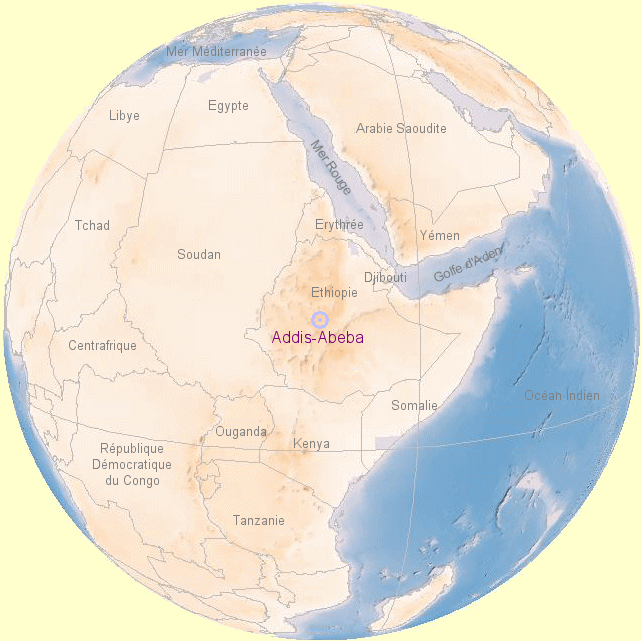Carte r�gionale centr�e sur Addis-Abeba.