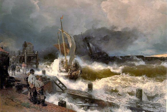 Achenbach : Un bateau de p�che et un bateau � vapeur dans les mers agit�es.