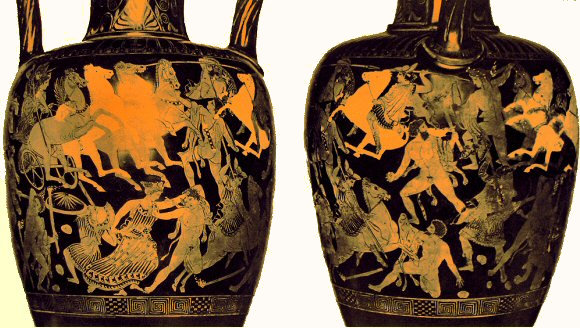Combat des dieux et des g�ants peints sur des vases grecs.