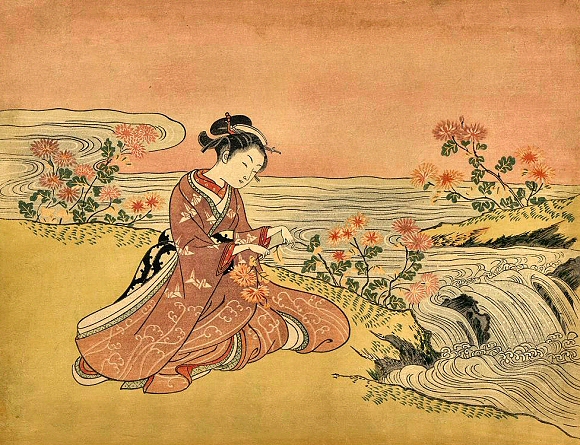 Harunobu : femme cueillant des chrysant�mes au bord d'une rivi�re.