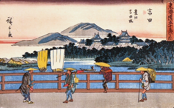 Hiroshige : Voyageurs sur la route de Toka�do.