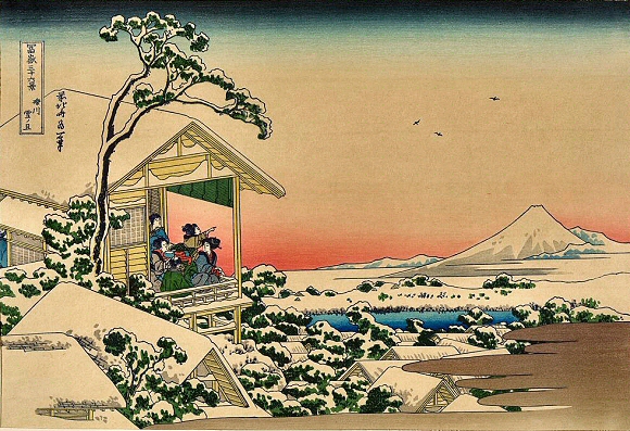 Hokusa� : une maison de th� et le mont Fuji sous la neige.