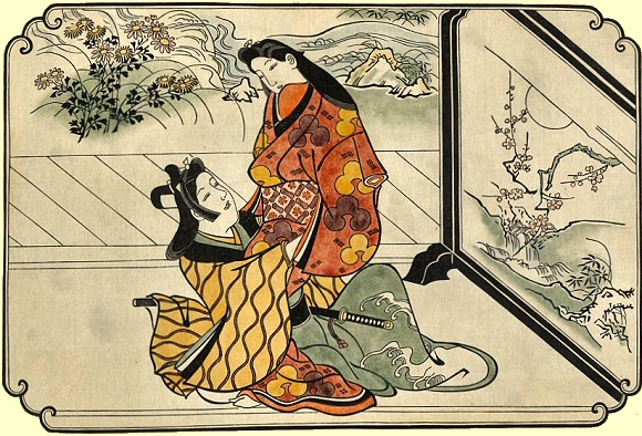 Moronobu : une jeune homme et une jeune femmes amoureux.