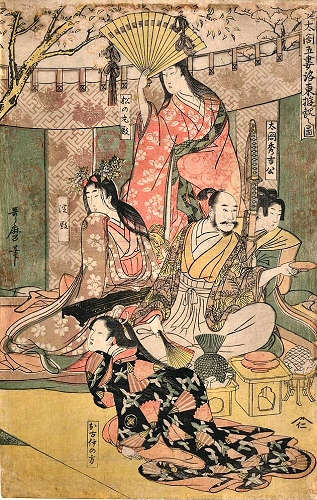 Utamaro : Toyotomi Hideyoshi prenant le th�, entour� de quatre courtisanes.