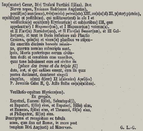 Transcription d'un dipl�me militaire romain.
